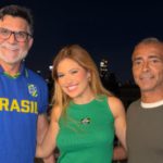 Momento divertido de Mari Menezes com Romário e Ricardo Rocha