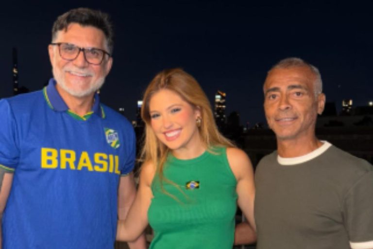 Momento divertido de Mari Menezes com Romário e Ricardo Rocha